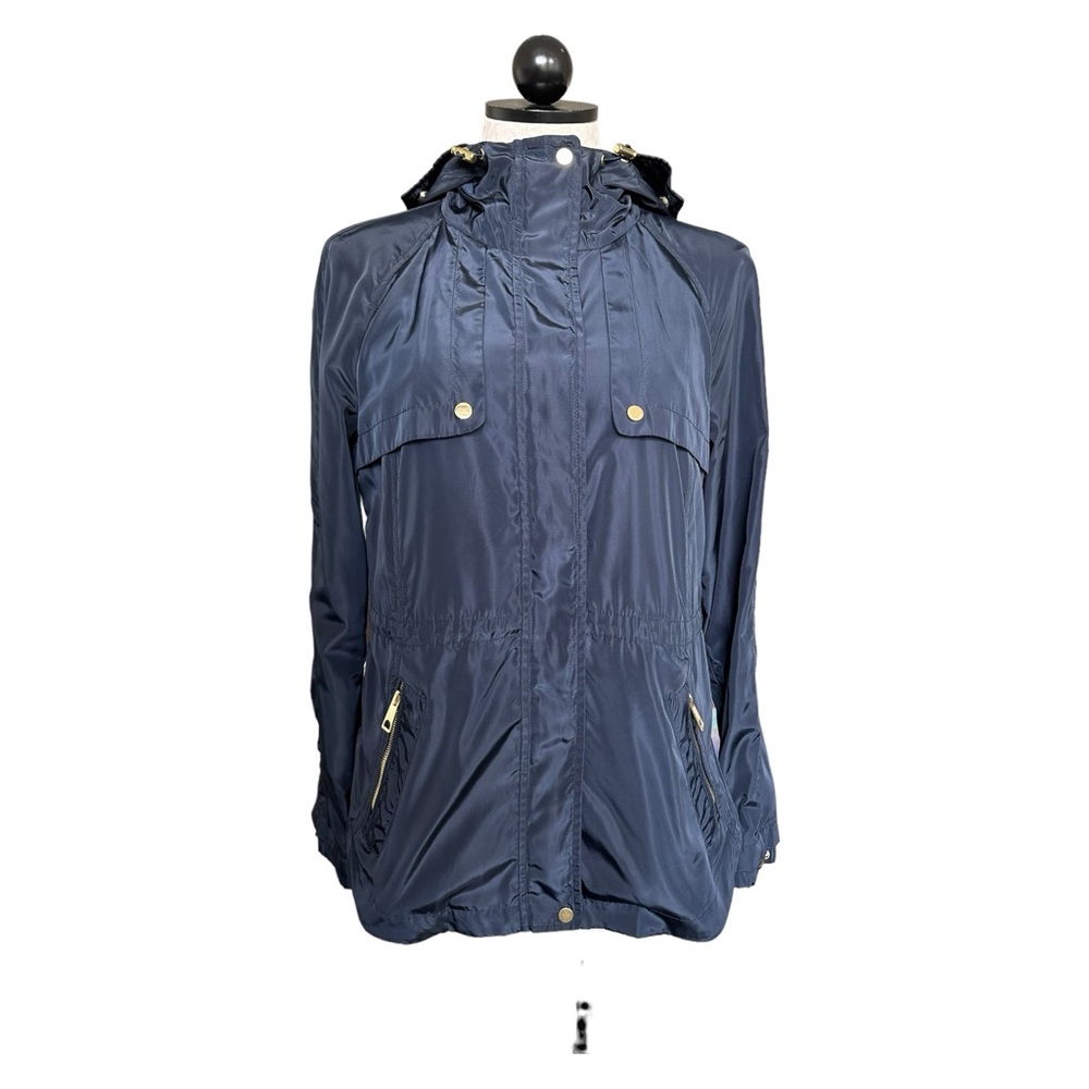 Zara Navy Blue Rain Jacket Hooded Full Zip Gold Tone Zippers & Snaps Size Medium - Picture 4 of 16